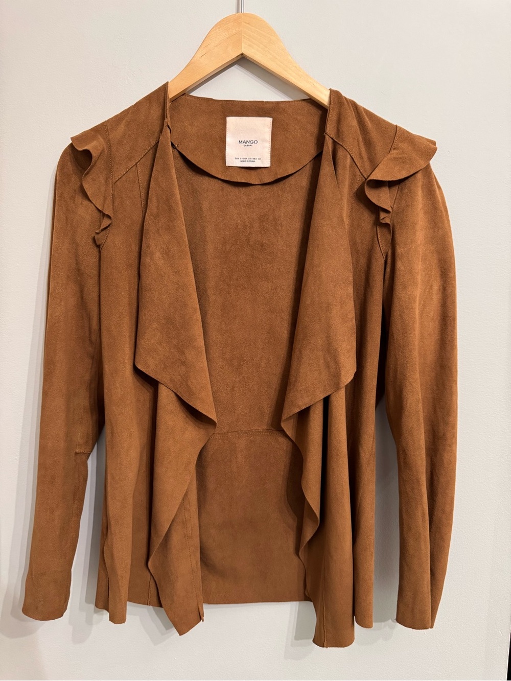 Mango Brown Suede-Style + Draped/Ruffled Front Jacket in Cognac Brown